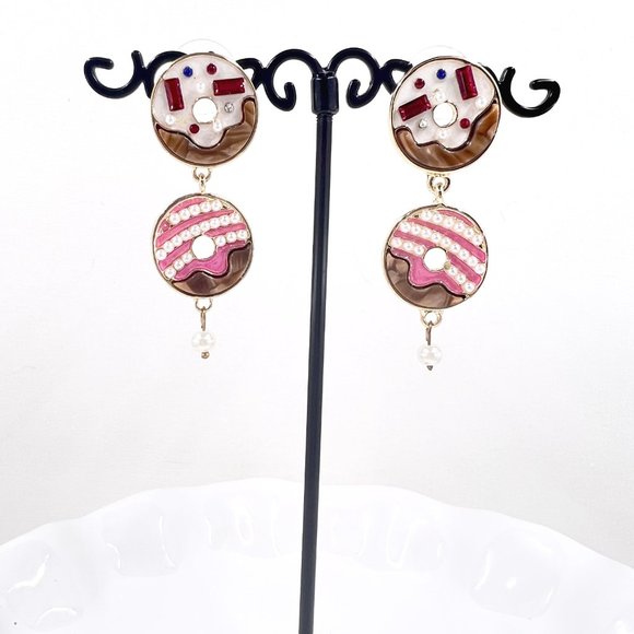 NWT – Belk – Cute Playful Jeweled Donut Motif Pearl 2” Dangle Post Stud Earrings - Picture 3 of 8